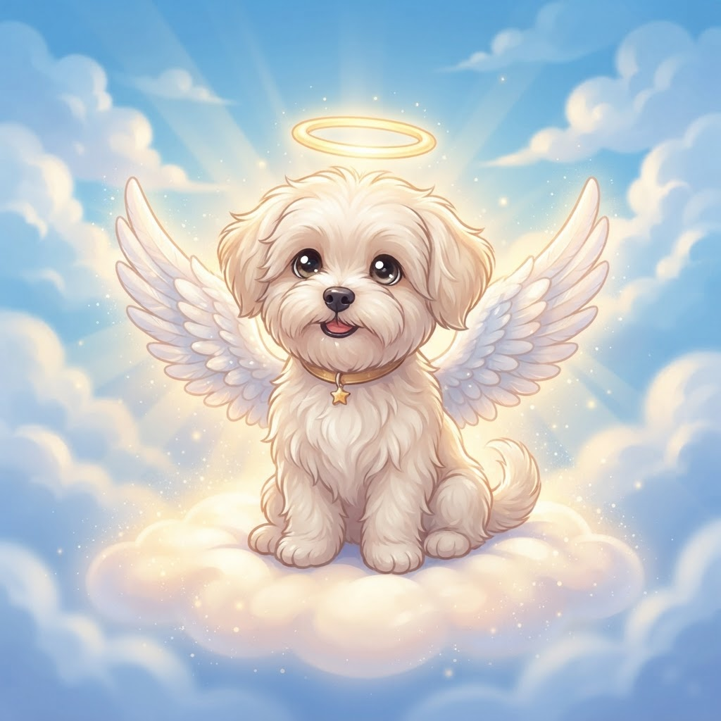 Saint Tilly, the guardian angel dog mascot with a glowing golden halo